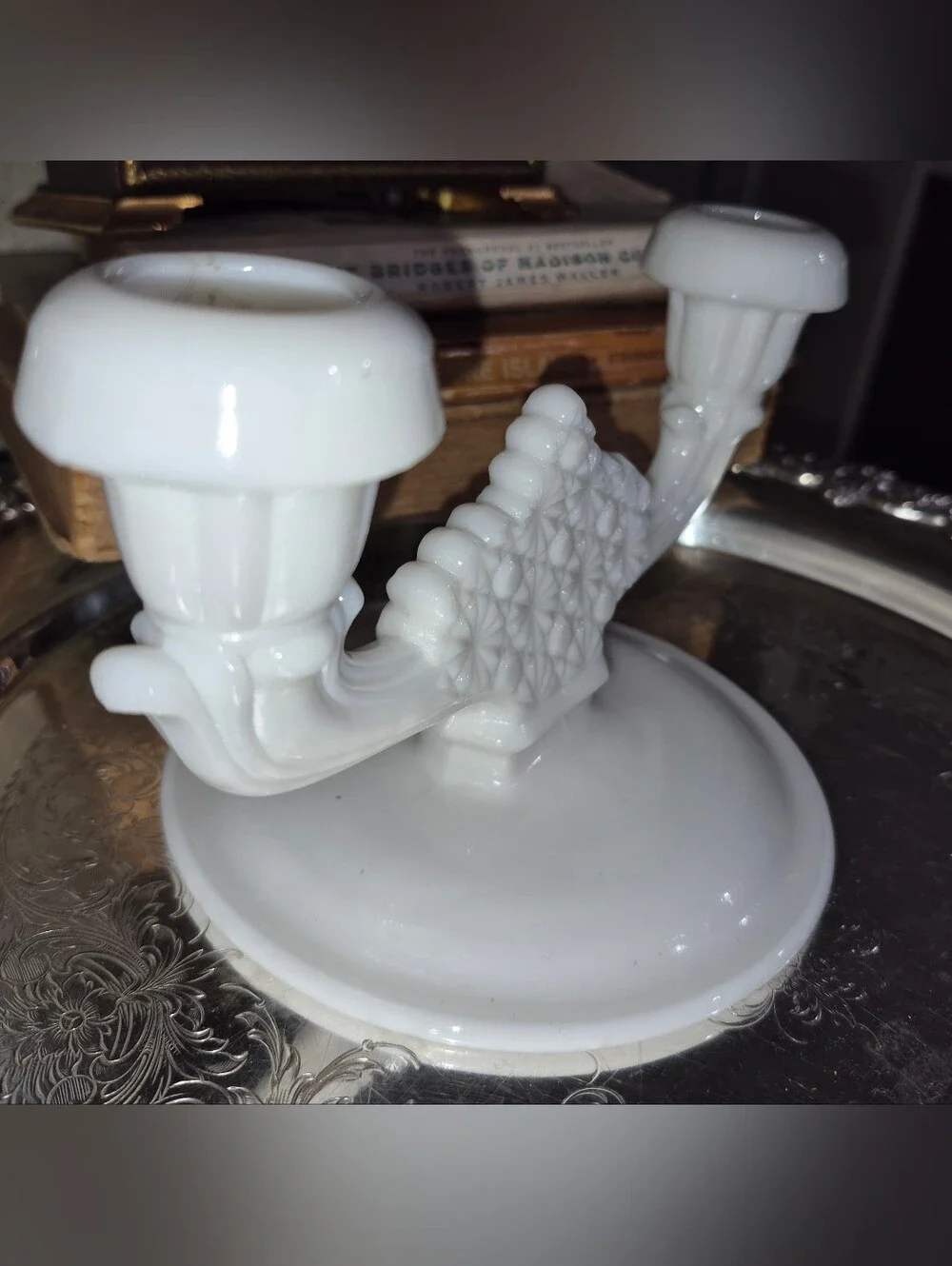 Vintage Fenton milk glass double candle holder in the Daisy and Button pattern